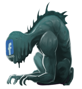 Illustration of Face Ghoûl, a dripping, clawed monster adorned with the Facebook logo